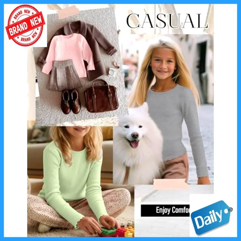 3 Pack Girls Long Sleeve Ribbed Tees Cotton Layering Undershirts Crewneck